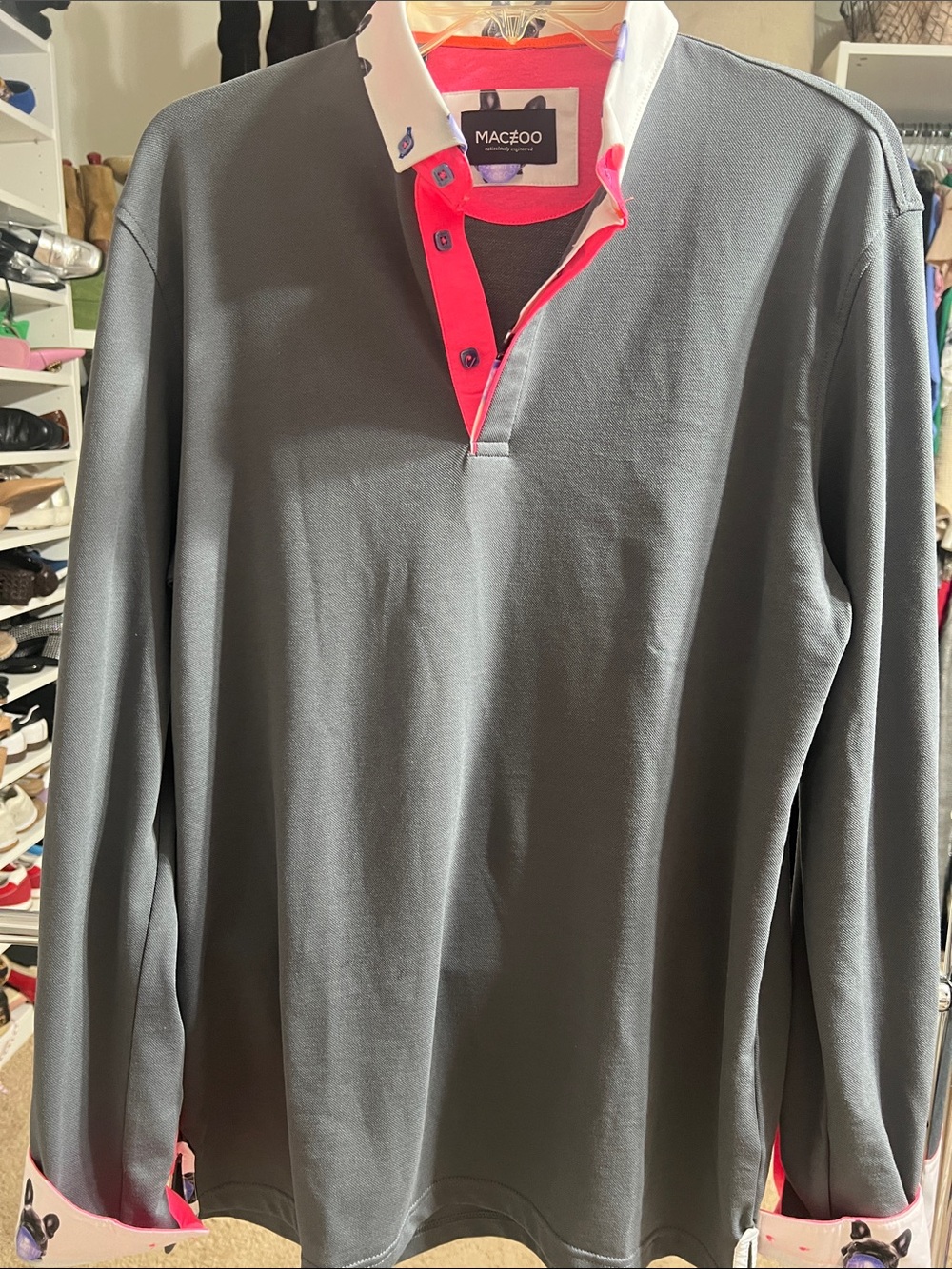 MACEOO Men's Gray Long-Sleeve Polo with Pink Contrast